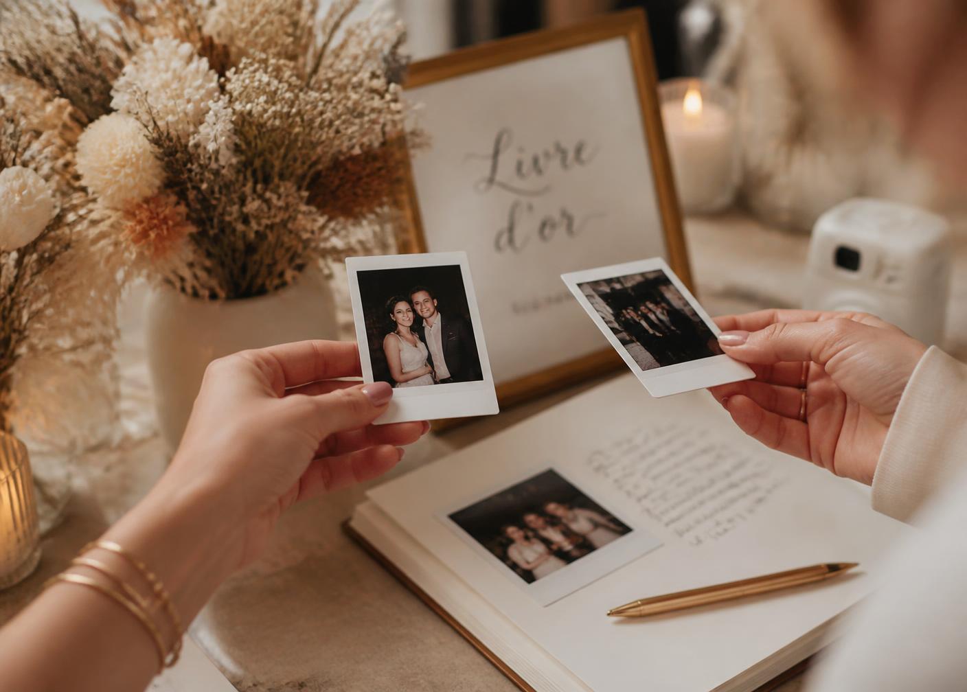 Tirages instantanés collés dans un livre d'or de mariage