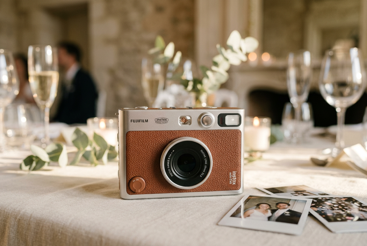 Appareils photo instantanés Fujifilm Instax mini Evo posés sur une table de mariage